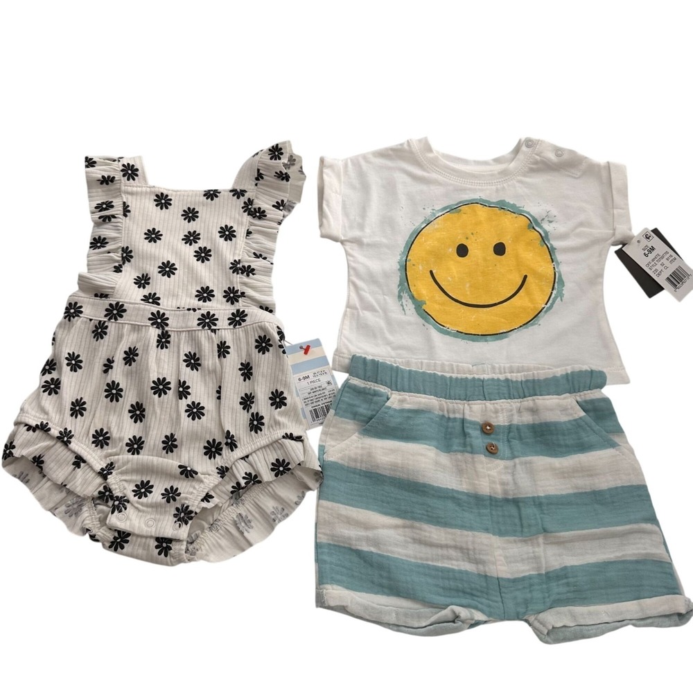3-Piece Baby Outfit Set 6-9 Months Grayson Mini Smile Tee Striped Shorts‎ Romper
